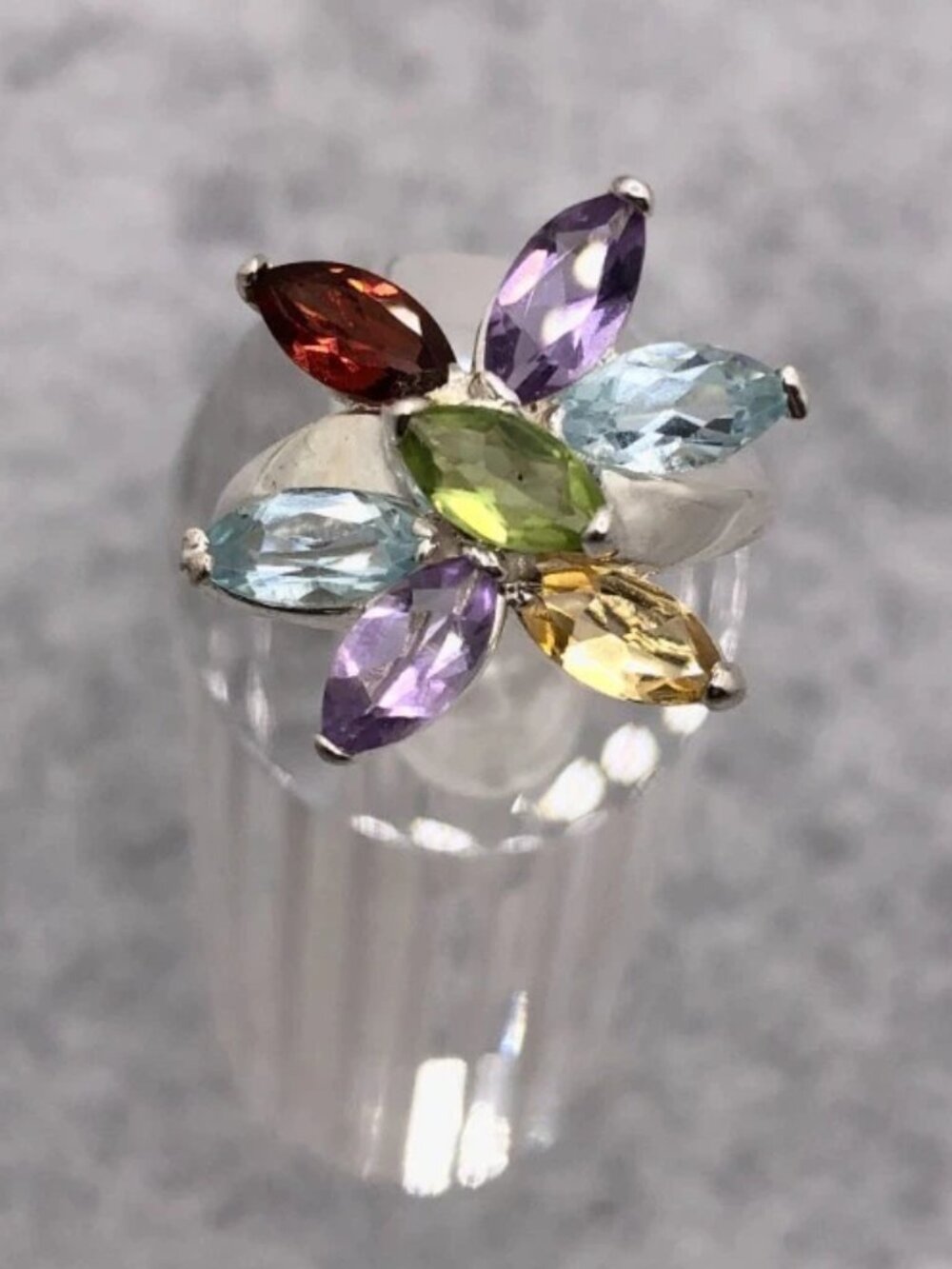 Colorful Sterling silver multicolor stone flower ring   6.5 - 7